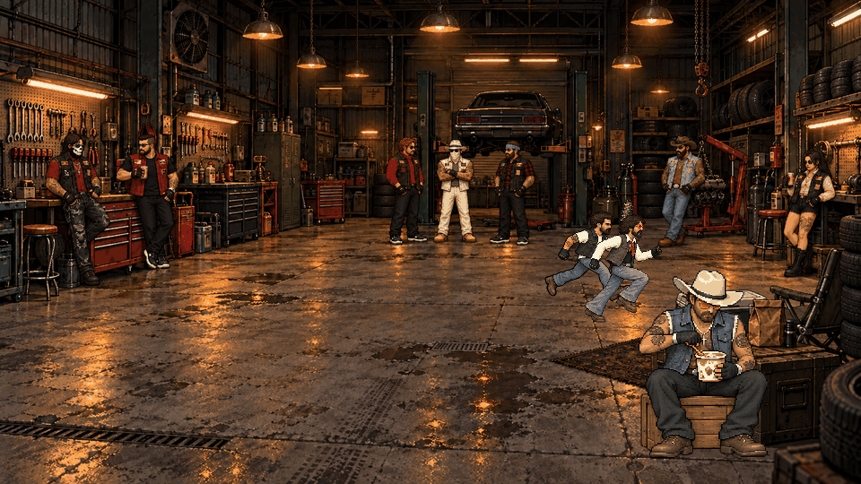 Inside a mechanic shop, Rebel members hang out beside the benches and lift as the short-haired bearded biker chases the shaggy-haired biker with red sunglasses, carrying a barbed-wire baseball bat. In front, the cowboy-hatted biker calmly eats ice cream from a tub with a golden spoon.